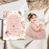 Pink Floral Fairy First Birthday Photo Invitation 招待状