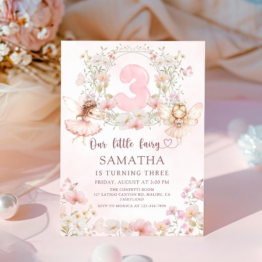 Pink Floral Fairy Garden 3rd Birthday Invitation 招待状
