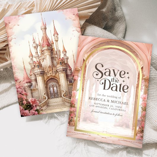 Pink Floral Fairytale Castle Wedding セーブザデート
