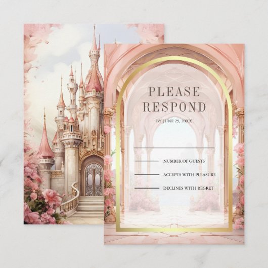 Pink Floral Fairytale Castle Wedding 出欠カード (正面/裏面)