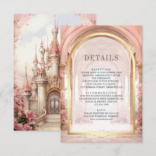 Pink Floral Fairytale Castle Wedding Details エンクロージャーカード (正面/裏面)