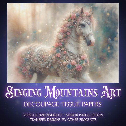 Pink Floral Fantasy Horse Decoupage 薄葉紙