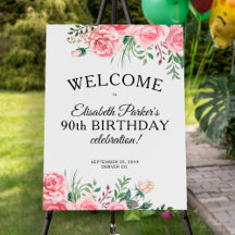 Pink floral feminine 90th birthday party welcome