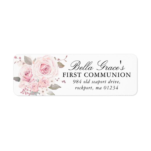 Pink Floral First Communion Return Address Label ラベル (正面)