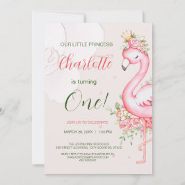 Pink Floral Flamingo Girl Birthday Invitation 招待状