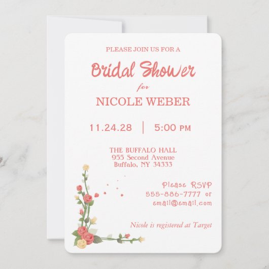 Pink Floral Flower Bridal Shower Invitation 招待状 (正面)