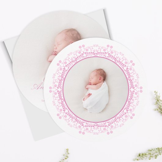Pink Floral Frame Baby Photo Announcement サンキューカード