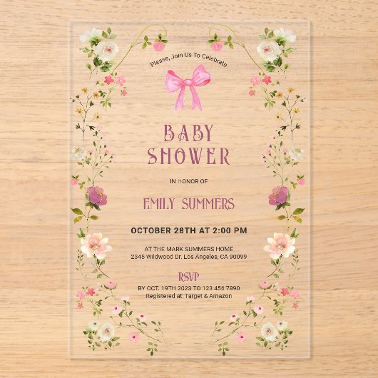Pink Floral Frame Baby Shower Invitation アクリル招待状 (正面)