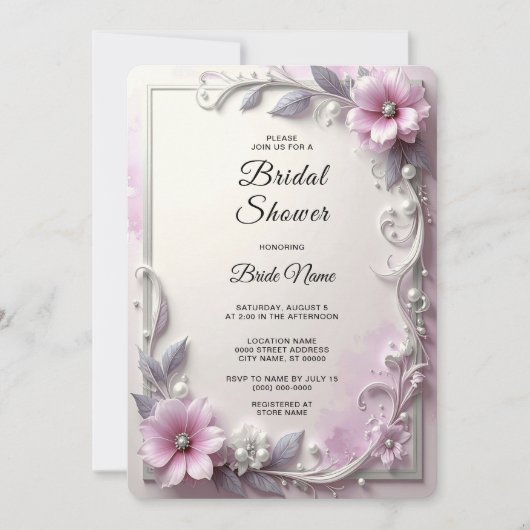 Pink Floral Frame Bridal Shower 招待状 (正面)
