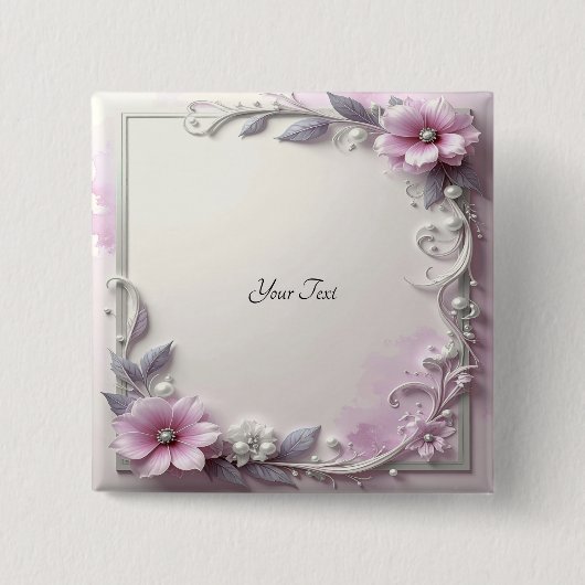 Pink Floral Frame Button 缶バッジ (正面)