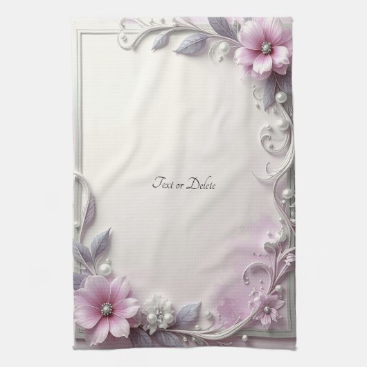Pink Floral Frame Kitchen Towel キッチンタオル (縦)