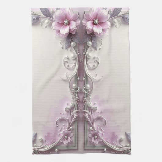Pink Floral Frame Kitchen Towel キッチンタオル (縦)