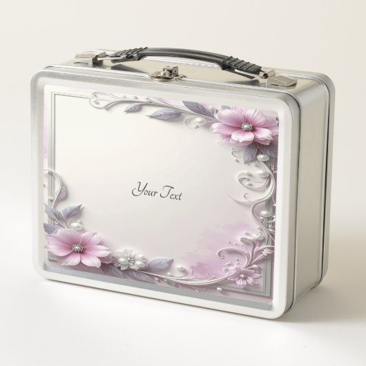 Pink Floral Frame Lunch box メタルランチボックス (正面)