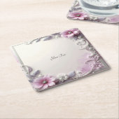 Pink Floral Frame Paper Coaster スクエアペーパーコースター (アングル)