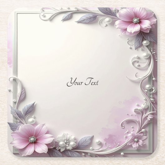 Pink Floral Frame Paper Coaster スクエアペーパーコースター (正面)