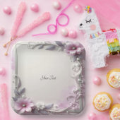 Pink Floral Frame Paper Plate ペーパープレート (パーティー)