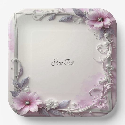Pink Floral Frame Paper Plate ペーパープレート (正面)