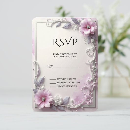 Pink Floral Frame RSVP Card (スタンド正面)