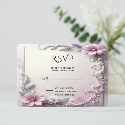 Pink Floral Frame RSVP Card (スタンド正面)