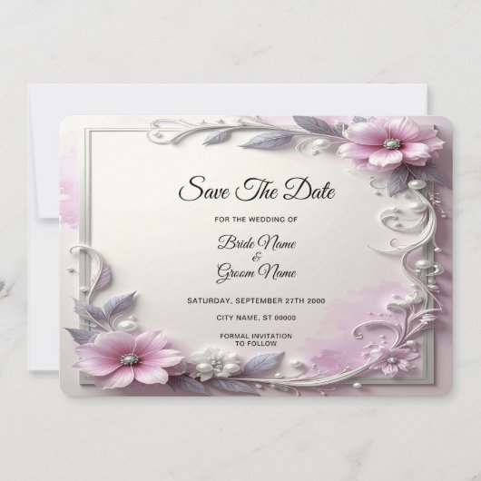 Pink Floral Frame Save The Date セーブザデート (正面)