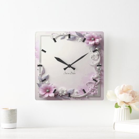 Pink Floral Frame Wall Clock スクエア壁時計 (ホーム)