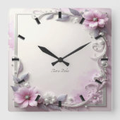 Pink Floral Frame Wall Clock スクエア壁時計 (正面)