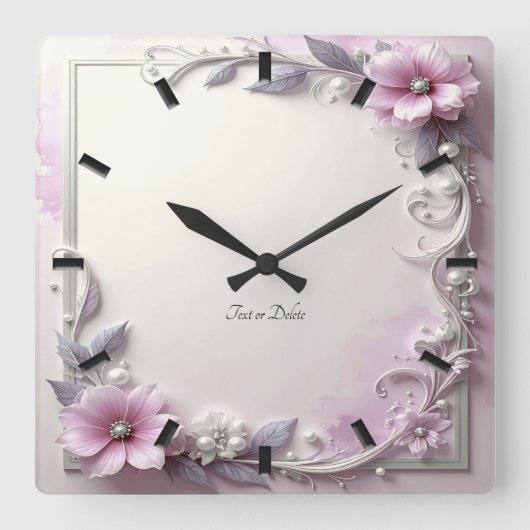 Pink Floral Frame Wall Clock スクエア壁時計 (正面)