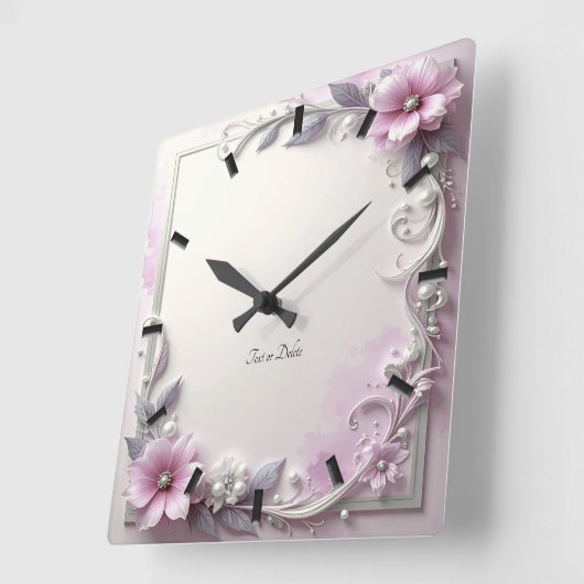 Pink Floral Frame Wall Clock スクエア壁時計 (傾斜)