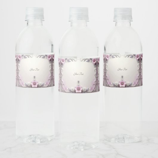 Pink Floral Frame Water Bottle Label ペットボトルラベル (ボトル)
