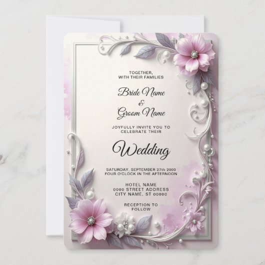 Pink Floral Frame Wedding Invitation 招待状 (正面)