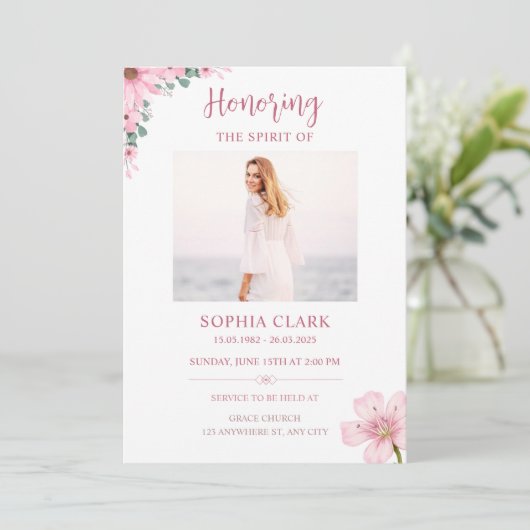 Pink Floral Funeral Invitation Celebration of Life 招待状 (スタンド正面)