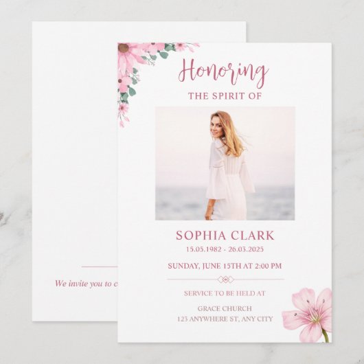 Pink Floral Funeral Invitation Celebration of Life 招待状 (正面/裏面)