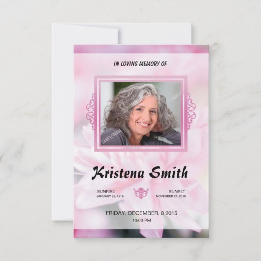 Pink Floral Funeral Program Card Template 招待状 (正面)