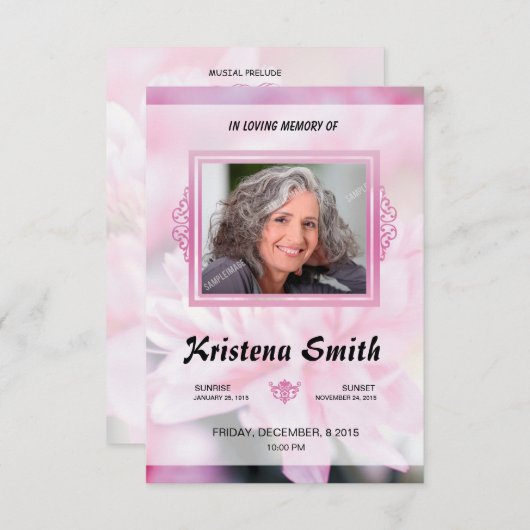 Pink Floral Funeral Program Card Template 招待状 (正面/裏面)