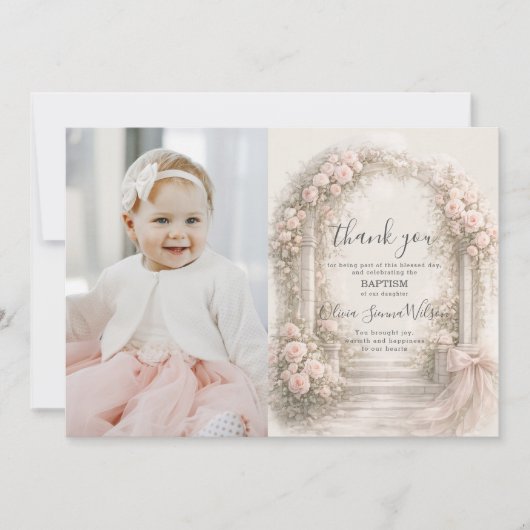 Pink Floral Garden Bow Baptism Christening Photo サンキューカード (正面)