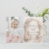 Pink Floral Garden Bow Baptism Christening Photo サンキューカード (スタンド正面)