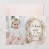 Pink Floral Garden Bow Baptism Christening Photo サンキューカード (正面/裏面)