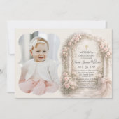 Pink Floral Garden Bow Baptism Christening Photo 招待状 (正面)