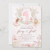 Pink Floral Garden Fairy First Birthday 招待状 (正面)