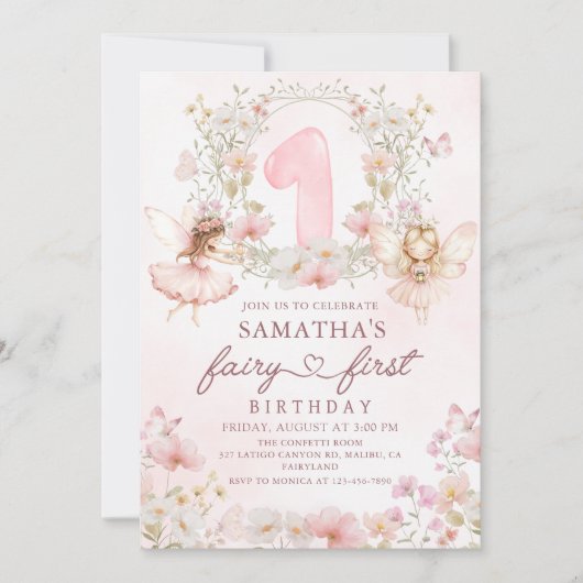 Pink Floral Garden Fairy First Birthday 招待状 (正面)