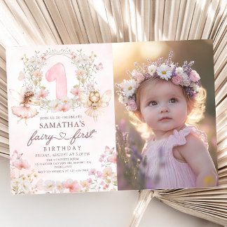 Pink Floral Garden Fairy First Birthday Photo 招待状