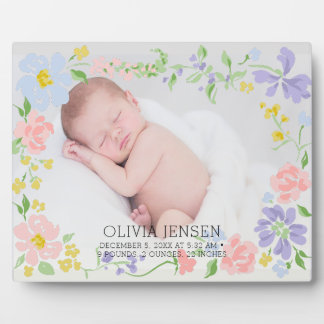 Pink Floral Garland Baby name Script birth stats  フォトプラーク