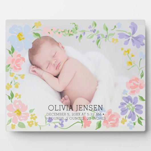 Pink Floral Garland Baby name Script birth stats  フォトプラーク (正面)