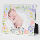 Pink Floral Garland Baby name Script birth stats  フォトプラーク (側面)