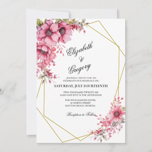 Pink Floral Geometric Wedding Invitation 招待状 (正面)