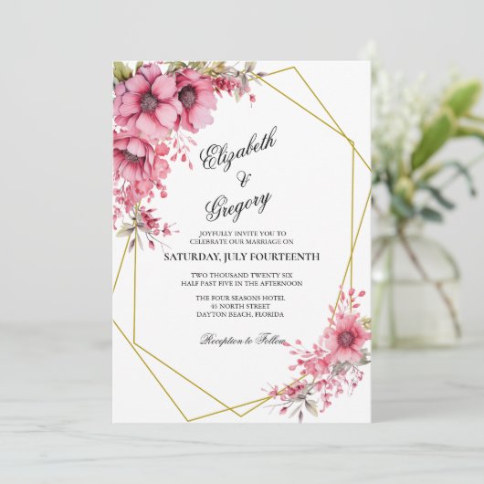 Pink Floral Geometric Wedding Invitation 招待状 (スタンド正面)