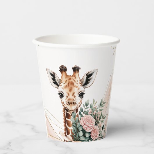 Pink Floral Giraffe Safari Baby Shower Paper Cup 紙コップ (正面)