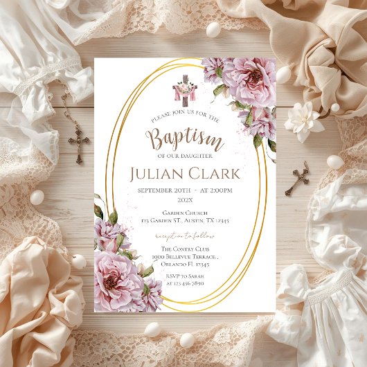 Pink Floral Girl Baptism Invitation 招待状