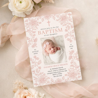 Pink Floral Girl Baptism Invitation 招待状