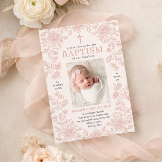 Pink Floral Girl Baptism Invitation 招待状